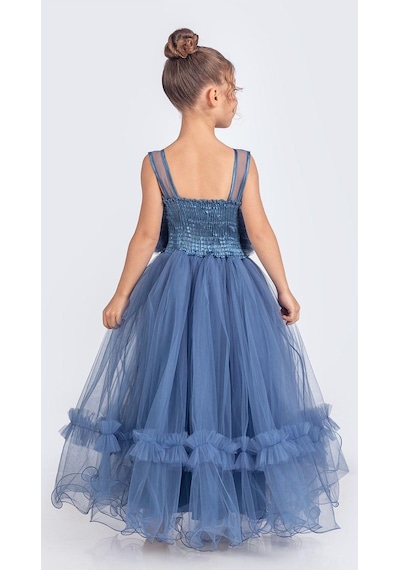 Mnk Baby & Kids Uzun Etekli , Askılı Kız Cocuk Gül Motif Abiye Elbise M00670 Koyu Mavi