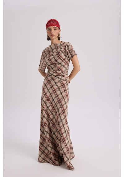 Mai Collection Petunya Ekoseli Turuncu Crop Etek Takım Turuncu