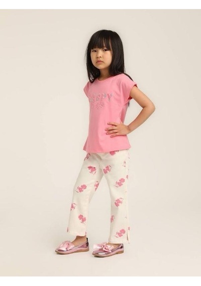 Escabel Kız Çocuk Pamuklu Happy Pul İşlemeli Tshirt-15637 Pembe