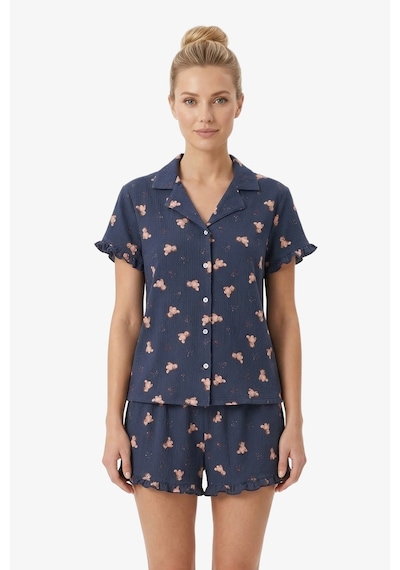 Cottonhill Lacivert Ayıcık Desenli Bürümcük Gömlek Yaka Kadın Şortlu Pijama Takımı