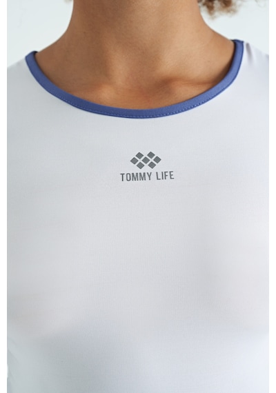 Tommy Life Beyaz Bel Bağlama Detaylı O Yaka Standart Kalıp Dalgıç Kumaş Kadın Crop T-shirt - 97266 Beyaz