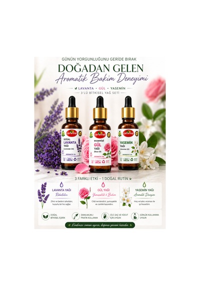 Lavanta+gül+yasemin 3 Lü Aromaterapi Bakım-bitkisel Yağ Seti & Aromatik Yağlar Seti 3x20 Ml