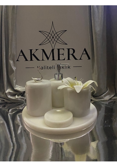 Akmera Afyon Beyazı Mermer 5 Parça Lüks Banyo Aksesuarı Beyaz