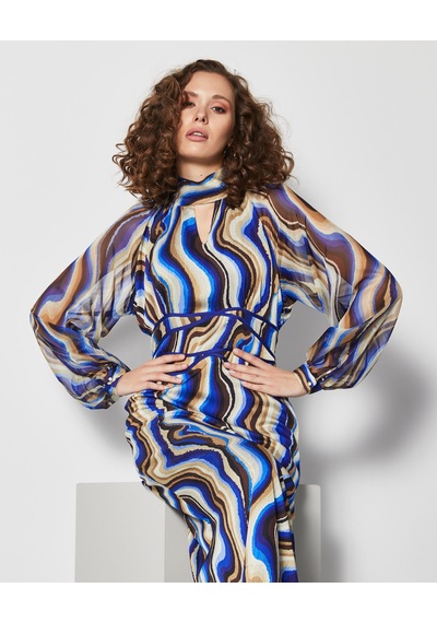 Serpil Exclusive Renkli Desenli Kadın Elbise - Beli Şerit Detaylı - Uzun Kollu - Modern Ve Şık Tasarım - Günlük Ve Özel Gün İçin Elbise Saks