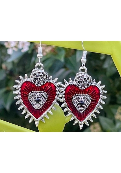 Rose Eye Of Heart Gotik Kalp Kırmızı Küpe Çok Renkli
