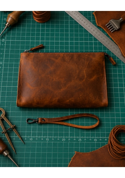 Vintage Leather Craft Hakiki Deri Erkek El Çantası Açık Kahverengi - Taba