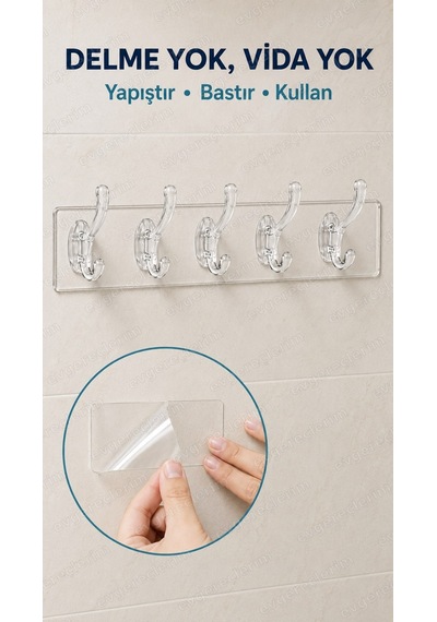 5'li Güçlü Yapışkanlı Şeffaf Duvar Askısı Banyo Mutfak Düzenleyici