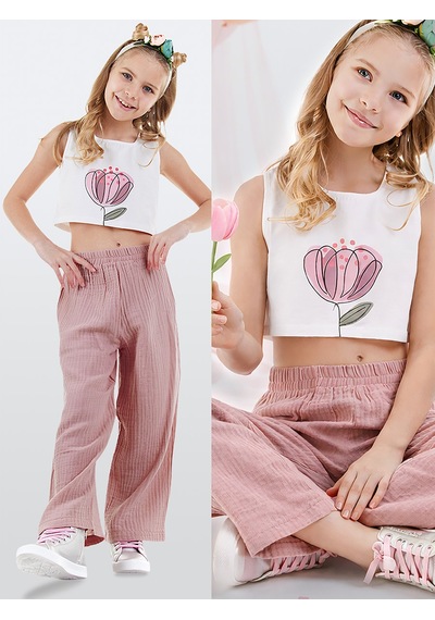 Çiçekli Kız Çocuk Pembe Müslin Pantolon Takım