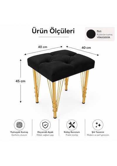Kare Gold Kaplama Hairpin Ayaklı Tabure Siyah