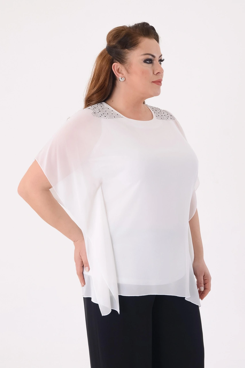 Lilas Xxl Büyük Beden Krem Renkli Asimetrik Kesim Şifon Bluz Beyaz