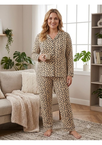 Büyük Beden Uzun Kollu Boydan Düğmeli Milan Pijama Takımı 8617 Leopar