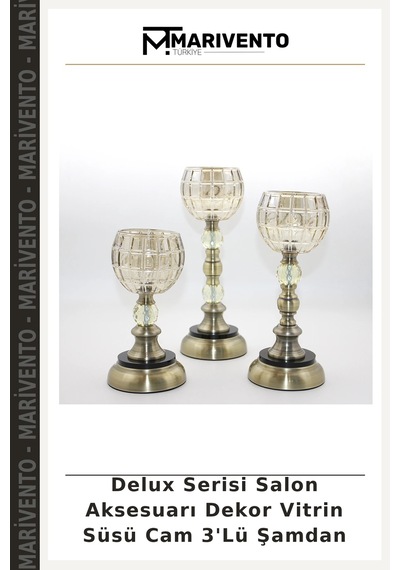 Delux Serisi Salon Aksesuarı Dekor Vitrin Süsü Cam 3'lü Şamdan Çok Renkli