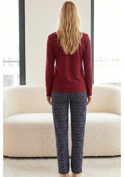 Siyah İnci Nakışlı Pamuklu Likralı Örme Pijama Takım 26240320 Bordo