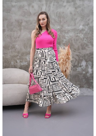 Polologin Butik Siyah Beyaz Bol Kesim Etnik Desen Viskon Etek Siyah
