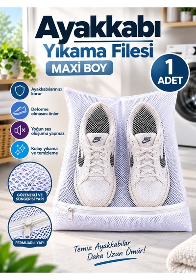 Ayakkabı Yıkama Filesi 38x38 Cm Fermuarlı Maxi Boy Ayakkabı Koruma Torbası 1 Adet Yıkama Filesi Beyaz