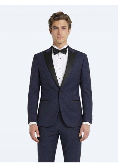 Kip Saks Düz Slim Fit Kruvaze Yaka Dokuma Smokin Takım Elbise Saks