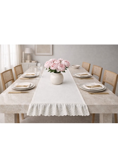 % 100 Pamuklu Ham Keten Ucu Fırfırlı Runner& Dekoratif Örtü Bej 40 x 110 CM