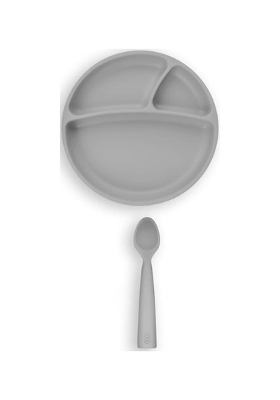Vakum Tabanlı Silikon Tabak, Nam Nam Kaşık 2'li Set, Gri Genel