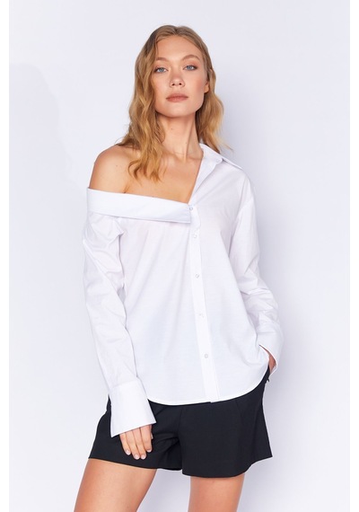 Manche Beyaz Asimetrik Poplin Likralı Gömlek Mks169256-01