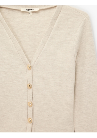 Koton Uzun Kollu Slim Fit V Yaka Düğmeli Hırka Bej 7wak30042ek Ekru