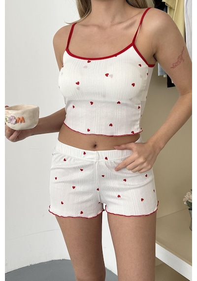 Giysa Kadın Askılı Kaplı Desenli Şortlu Pijama Takımı Beyaz - 3403