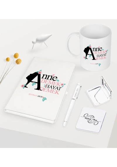 Kişiye Özel Anne Demek Hayat Demek Beyaz Defter Kalem Kupa Ayna S