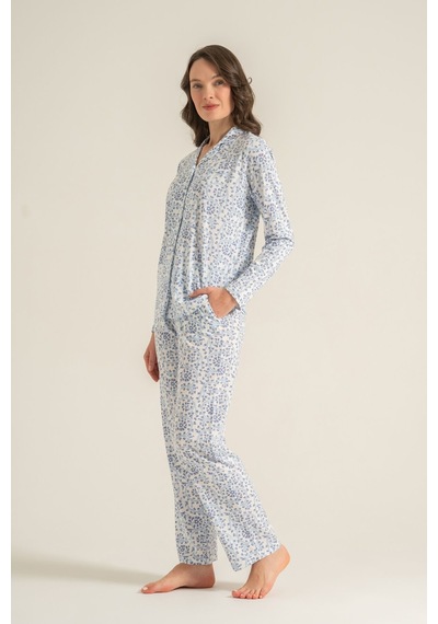 Pierre Cardin Kadın Flowers Mavi Gömlek Pijama Takımı Pc9271-s-v1 Pc9271-s-v1