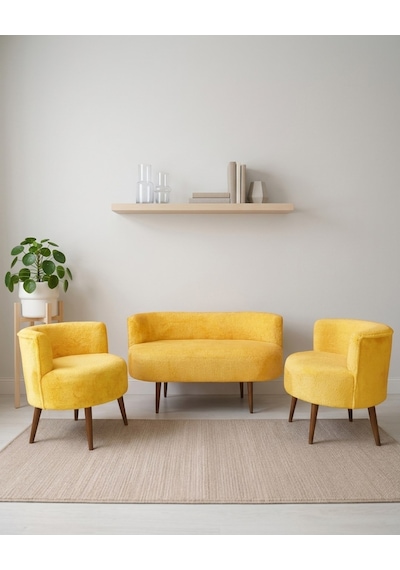 Sydney 2+1+1 Welsoft Tüylü Yumuşak Kumaş Balkon Çay Seti Koltuk Takımı - Ahşap Ayak - Sarı