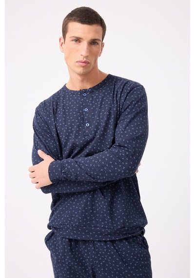 L'espadon Oceanripple Premium Örme Pamuk Uzun Kollu Henley & Uzun Pantolonlu Erkek Pijama Takımı-3228 Lacıvert