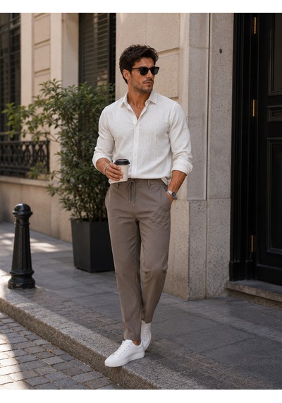 Luxıc Core Erkek Keten Karışımlı Casual Pantolon Rahat Kalıp Şık Tasarım Kahverengi