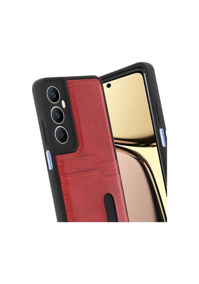 Realme C65 Uyumlu Deri Kartvizitli Kartlıklı Premium Telefon Kılıfı Kapak Kırmızı