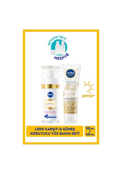 NIVEA SUN Luminous630 Güneş Koruyucu Yüz Bakım Kremi 40 ML SPF50 ve Thiamidol Etkili Leke Karşıtı Cilt Serumu 30 ML + Seyahat Seti