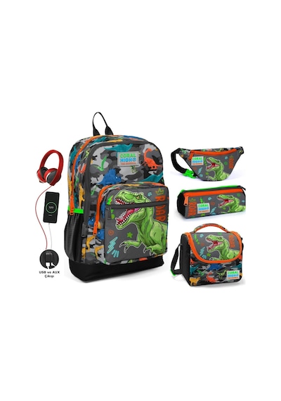 Coral High Gri Yeşil Dinazor Usb Soketli Okul Çanta Seti Ve Bel Çantası - Erkek Çocuk