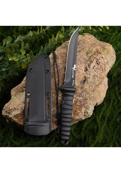 Valkyrie - 9cr18 Soğuk Çelik Boyun Askılı Kılıflı Kamp Av Bıçağı Paslanmaz Çelik Siyah Siyah