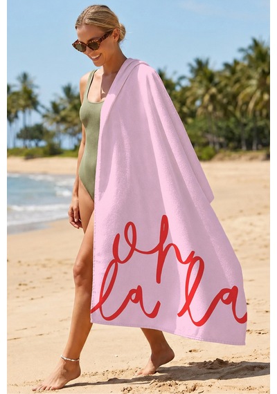 Pembe Yazı Detaylı Plaj Havlusu - Minimalist Pastel Kırmızı Oh La La Hızlı Kuruyan Mikrofiber Havlu Sedef Bahçe