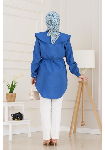 Sevitli Beli Bağcık Detaylı Geniş Yaka Tunik-indigo-4994 Indigo