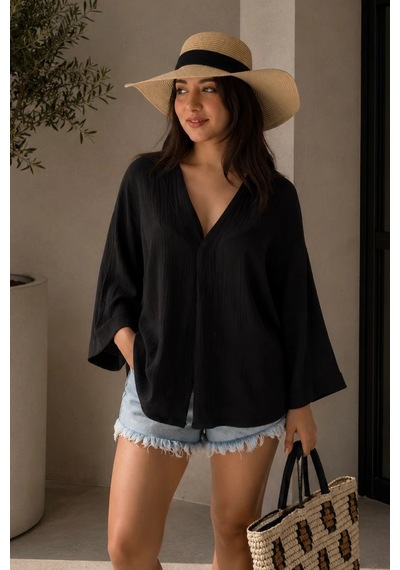 Bbbutikbasic Kadın Müslin Oversize Bluz Salaş Kesim Yazlık Basic Ceket My3535 Siyah