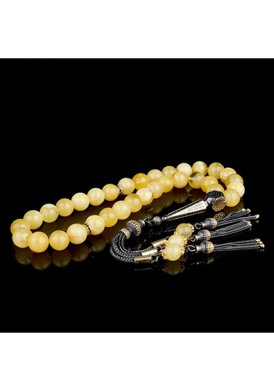 Çift Renk 925 Ayar Gümüş Püsküllü 10mm Küre Kesim Damla Keribar Tesbih Sarı