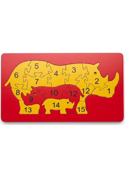 Eğitici Ahşap Gergedan Ailesi Puzzle - 15 Parça Sayı Öğretici - 26x15 Cm Mdf