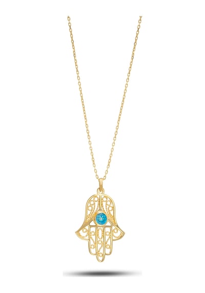 Debora Jewelry 14 Ayar Altın Mavi Zirkon Taşlı Fatma Ana Eli Kolye