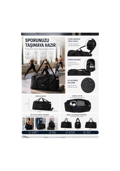Xmlbayiciniz Unisex Spor Ve Seyahat Çantası, Siyah, Polyester, 47x27x15 Cm, Termos Bölmeli, Ayarlanabilir Omuz Askılı, Su Geçir Çok Renkli