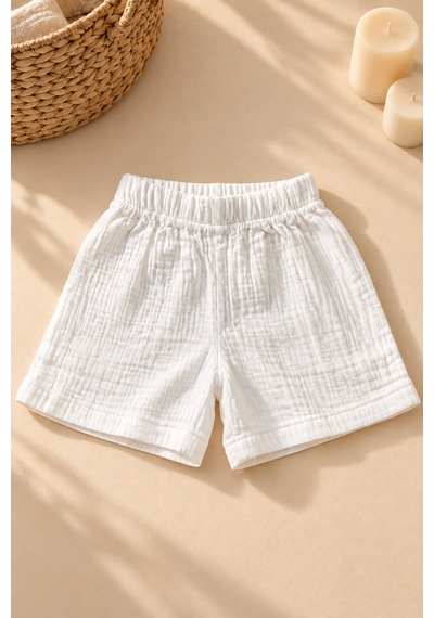Elovias %100 Pamuk Müslin Çocuk Şort Unisex Kız Erkek Çocuk Yazlık Oversize Rahat Kalıp 1-2-3-4 Yaş Beyaz