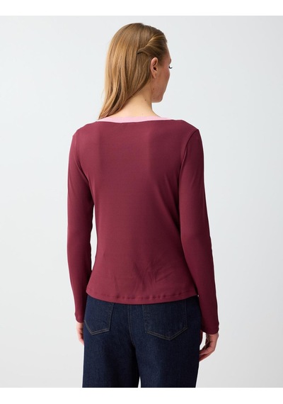 Jimmy Key Bordo Düz Kesim Uzun Kollu U Yaka Örme Bluz 6sw035554562