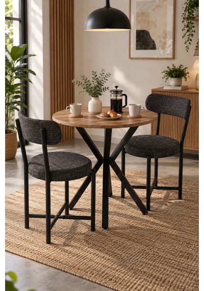 Sulorahome Teddy 70 Cm Yuvarlak Masa Ve 2 Adet Gri Sandalye Seti Ahşap - Gri