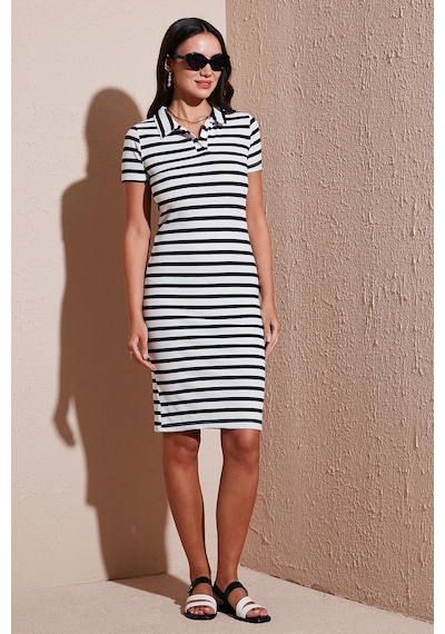 Lela Streç Slim Fit Düğmeli Polo Yaka Kısa Kollu Mini Boy Çizgili Bayan Elbise 5866167 Beyaz-Siyah