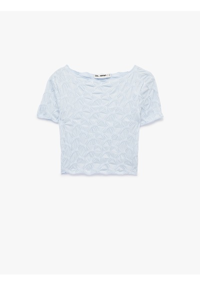Koton Bürümcük Kumaş Slim Fit Kısa Kollu Kayık Yaka Crop Tişört Mavi 6sal10639ık