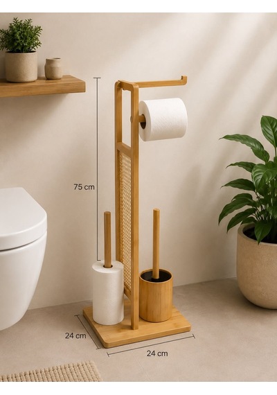 Morponi Ahşap Bambu Çok Amaçlı Tuvalet Kağıdı Askısı, Yedekli Stand Ve Banyo Fırçalık Seti Dk Gri