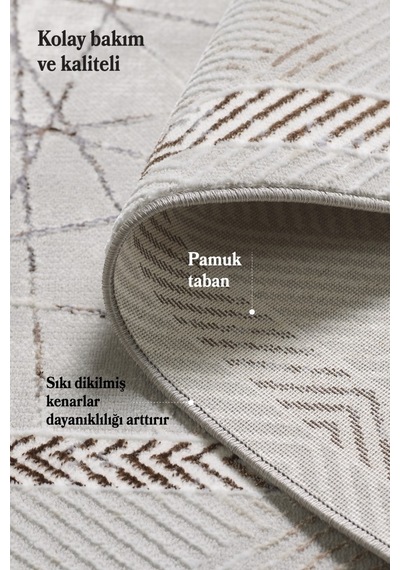 Modern Tasarımlı Pamuk Tabanlı Geometrik Desenli Saçaklı Bej Renkli Halı Bej