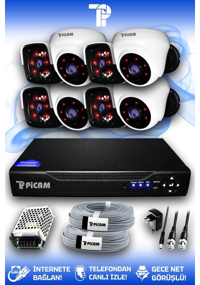 Picam 8 Kameralı Panda 4 İç Kamera Set HDD'siz Full HD Gece Görüşlü Güvenlik Kamerası Sistemi