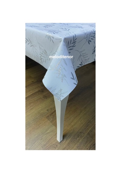 Simli Dallı Yaprak Salça Lekesi Tutmayan Beyaz Lüks Astarlı Dertsiz Linen Pvc Muşamba Masa Örtüsü Gümüş